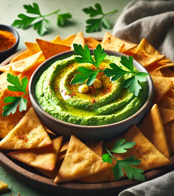 Houmous aux épinards et pita croustillant