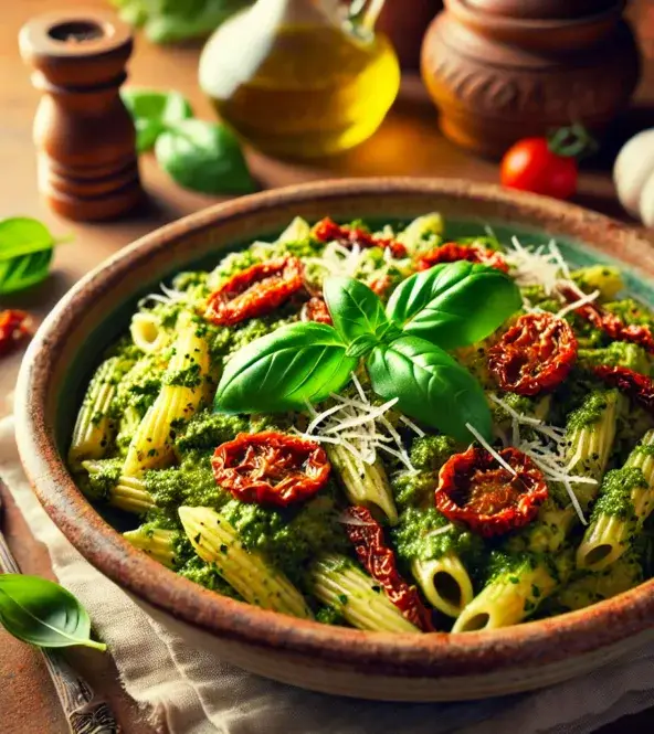 Pâtes au pesto de basilic et tomates séchées