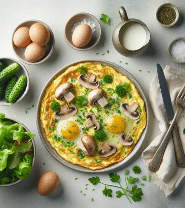 Omelette aux champignons et fines herbes avec une salade verte