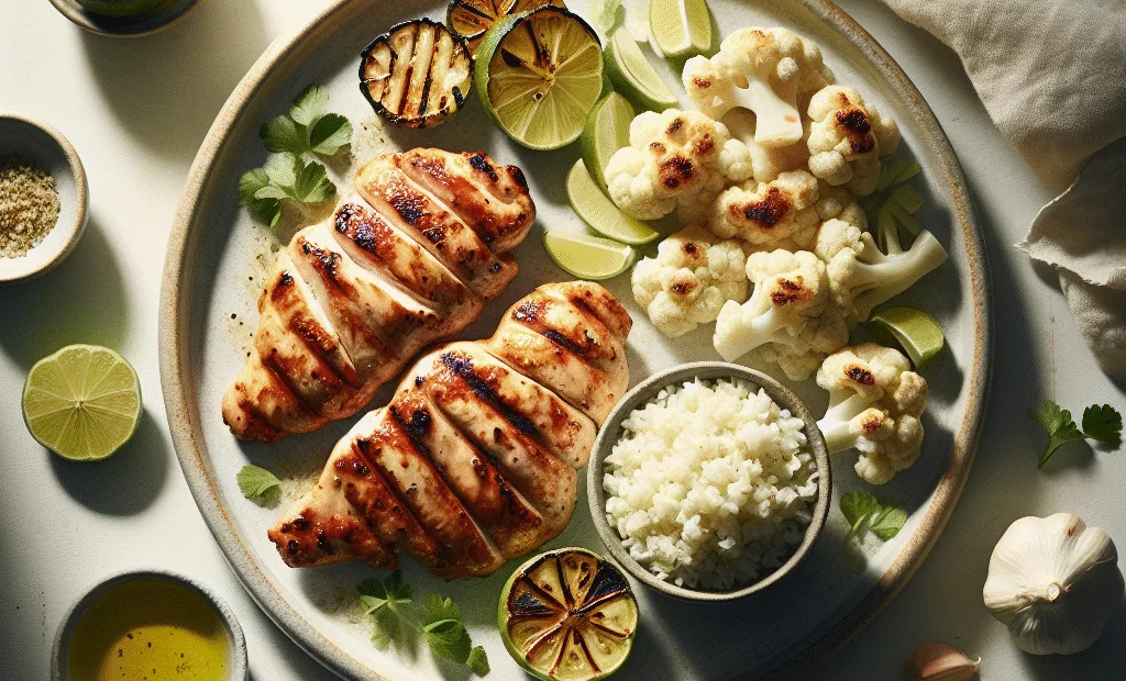 Poulet grillé mariné au citron vert et riz de chou-fleur