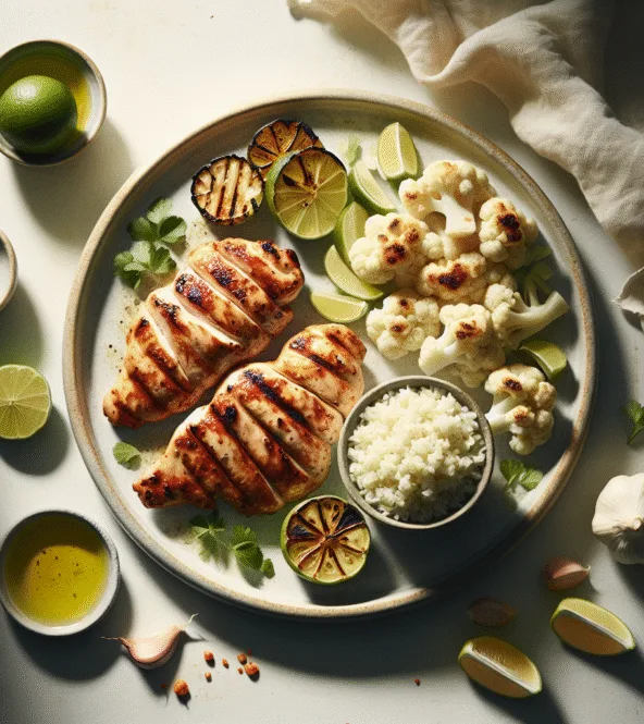 Poulet grillé mariné au citron vert et riz de chou-fleur