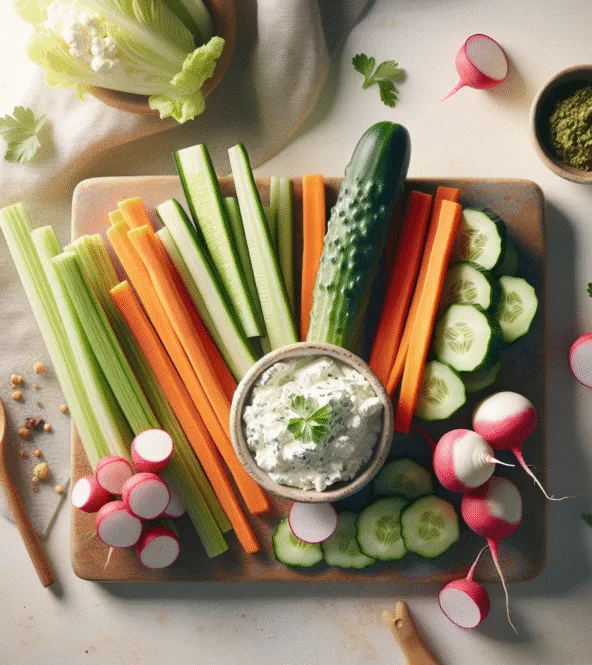Bâtonnets de légumes croquants avec dips de cottage cheese et herbes