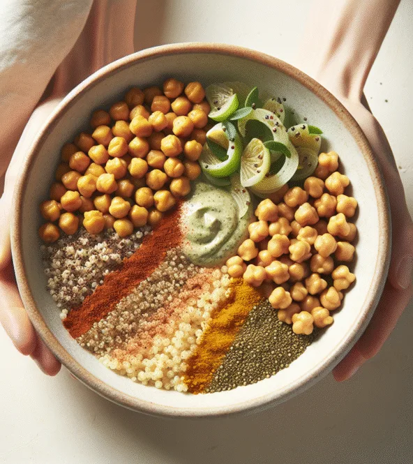 Bol de Bouddha végétarien aux pois chiches rôtis et sauce tahini citronnée