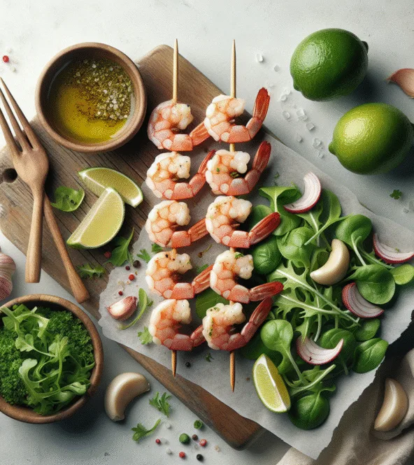 Brochettes de crevettes marinées à l'ail et citron vert, salade de jeunes pousses