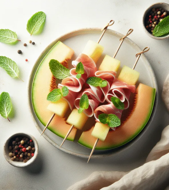Brochettes de melons et jambon de Parme léger