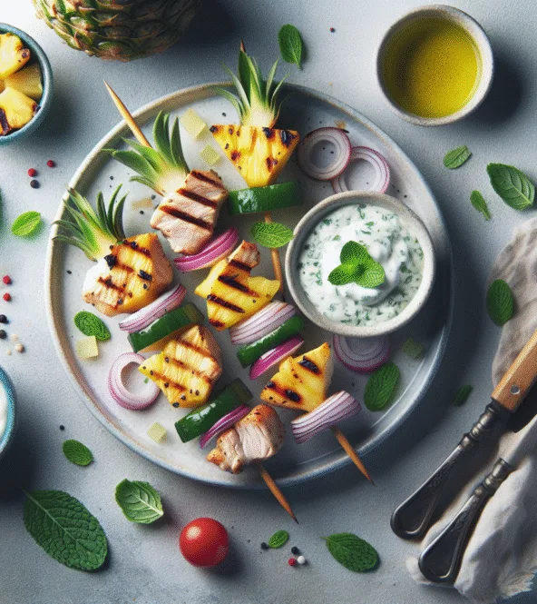 Brochettes de poulet et ananas grillés, sauce yaourt menthe