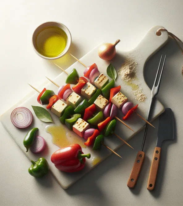 Brochettes végétariennes marinées au tofu et poivrons