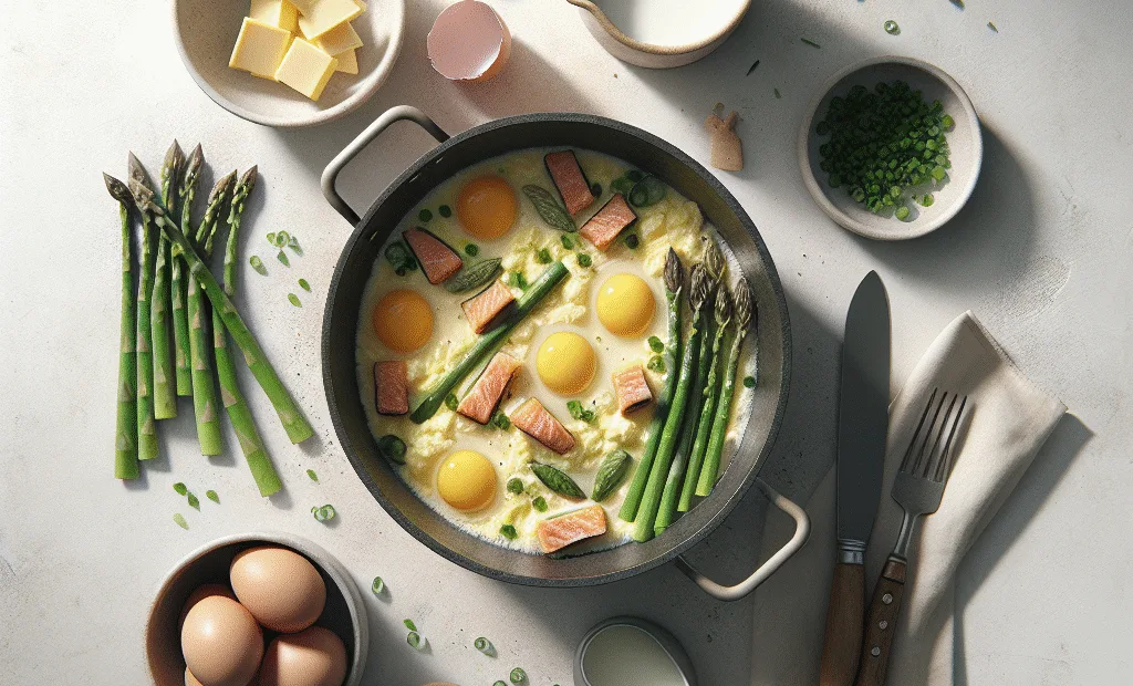 Cocotte d'œufs brouillés aux asperges et truite fumée