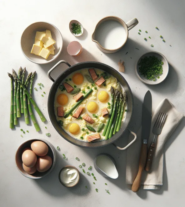 Cocotte d'œufs brouillés aux asperges et truite fumée
