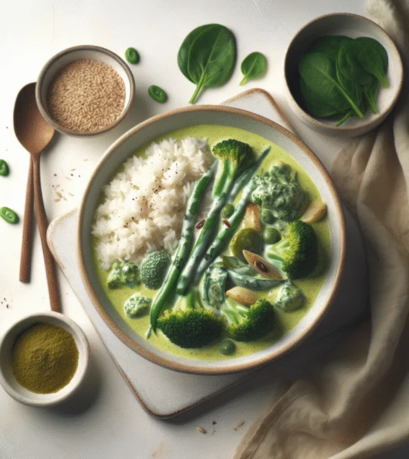 Curry de légumes verts léger au lait de coco et riz complet