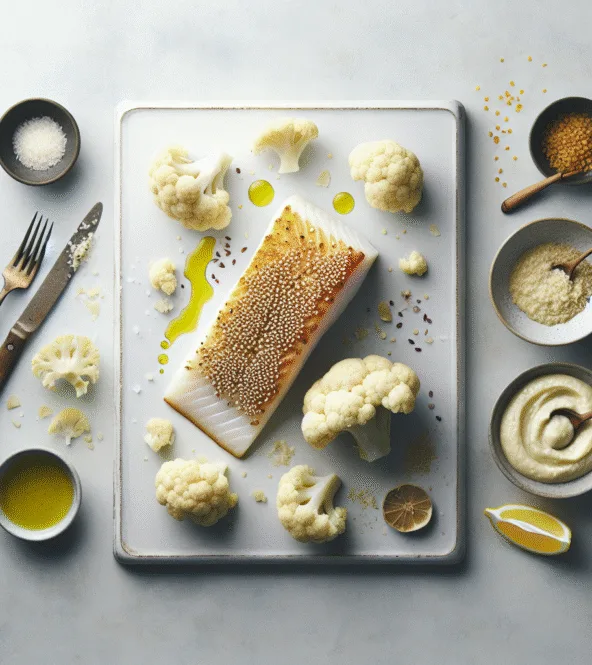 Filet de cabillaud en croûte de sésame, purée de chou-fleur