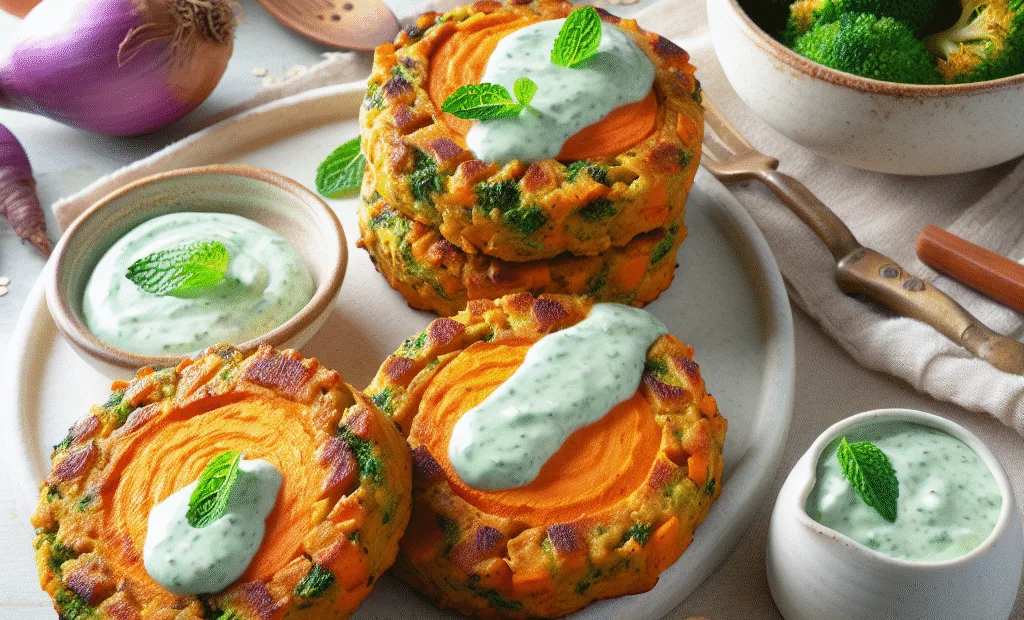 Galettes de patate douce et brocoli au four, sauce au yaourt à la menthe