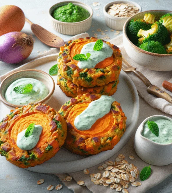 Galettes de patate douce et brocoli au four, sauce au yaourt à la menthe