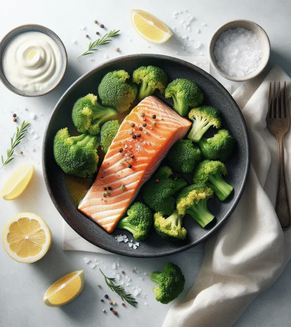 Pavé de saumon vapeur, brocoli et sauce au yaourt citronné