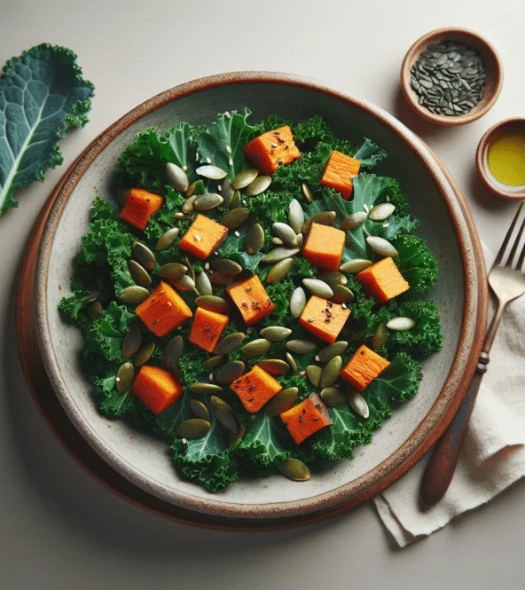 Salade de chou kale, patate douce rôtie et graines de courge