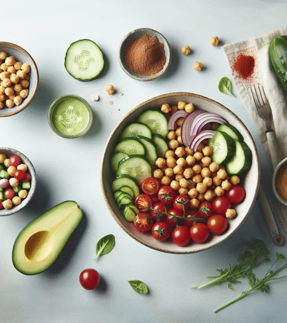Salade colorée de pois chiches, concombre, tomates et avocat