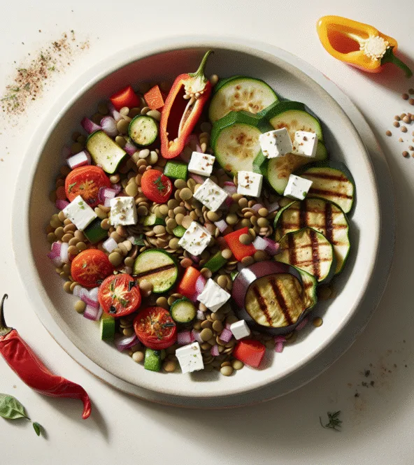 Salade de lentilles, feta et légumes grillés
