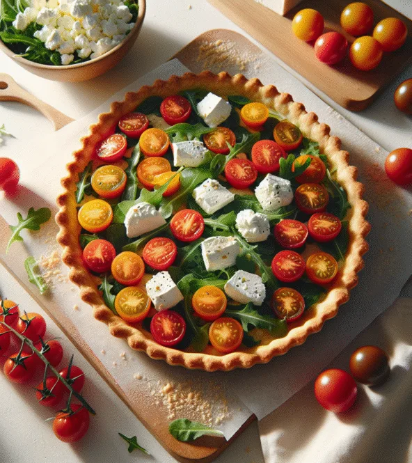 Tarte fine aux tomates cerises, chèvre frais et roquette