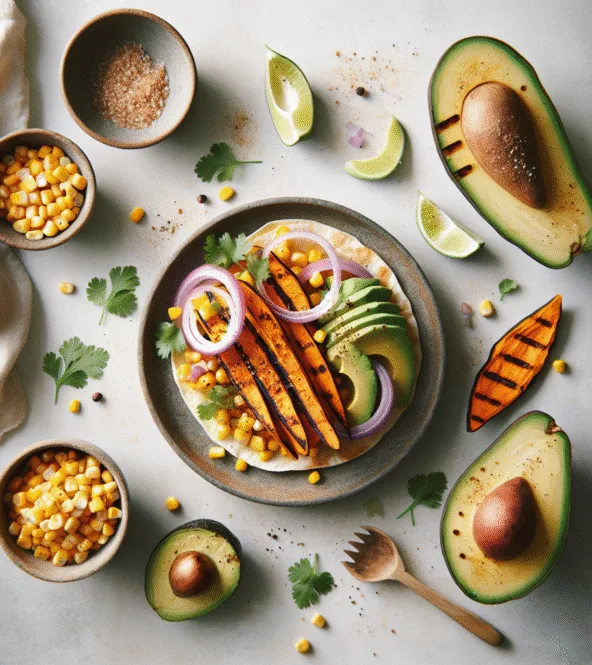Tostadas de patate douce grillée, avocat et maïs