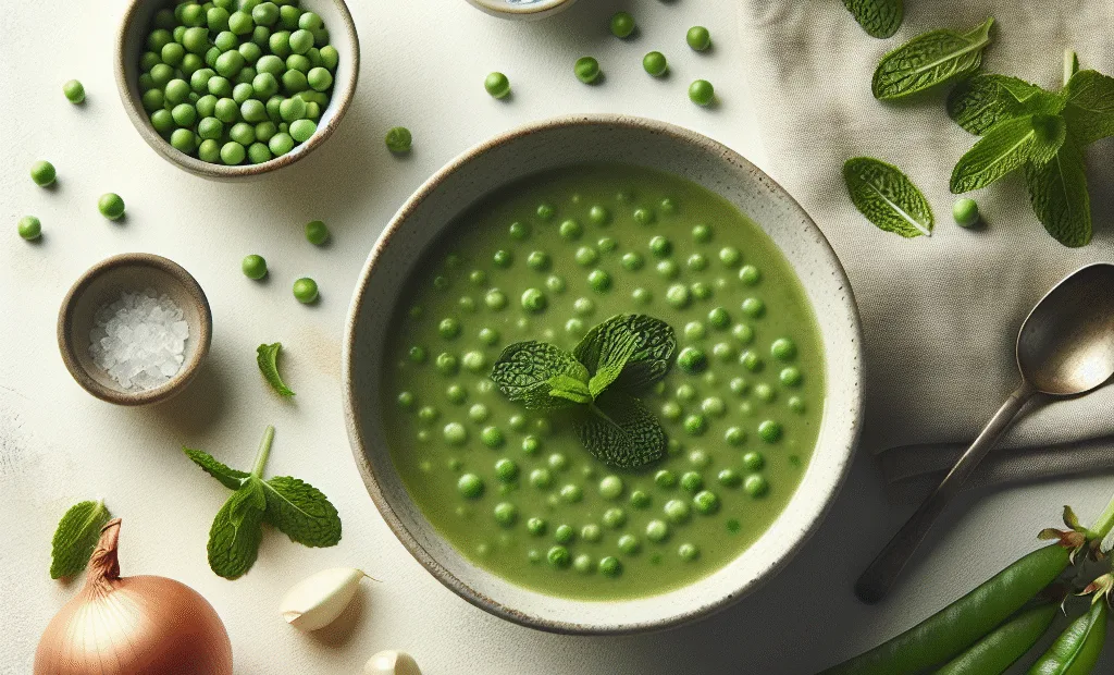 Velouté de petits pois frais à la menthe et croûtons légers