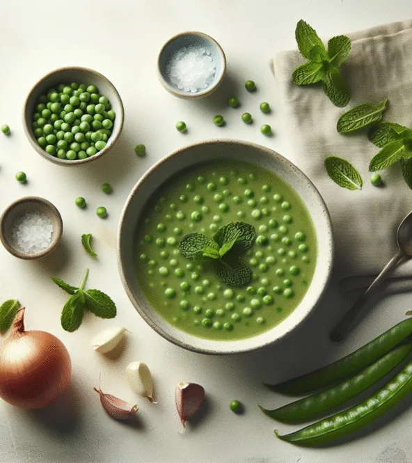 Velouté de petits pois frais à la menthe et croûtons légers