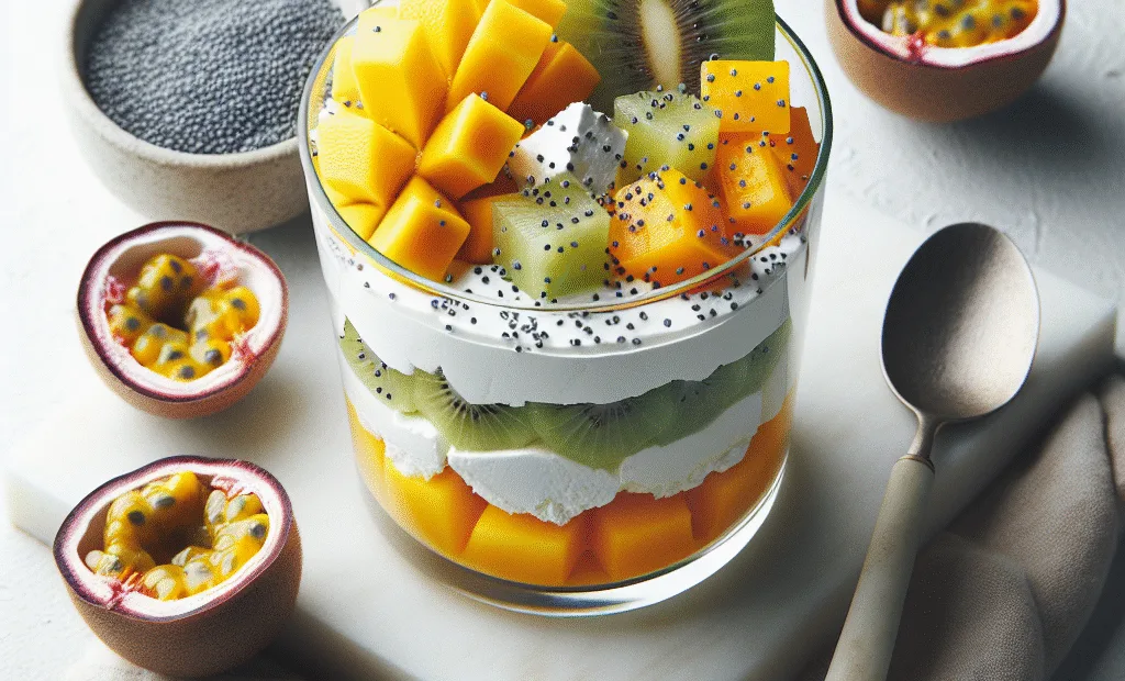 Verrine de fromage blanc, fruits exotiques et graines de pavot