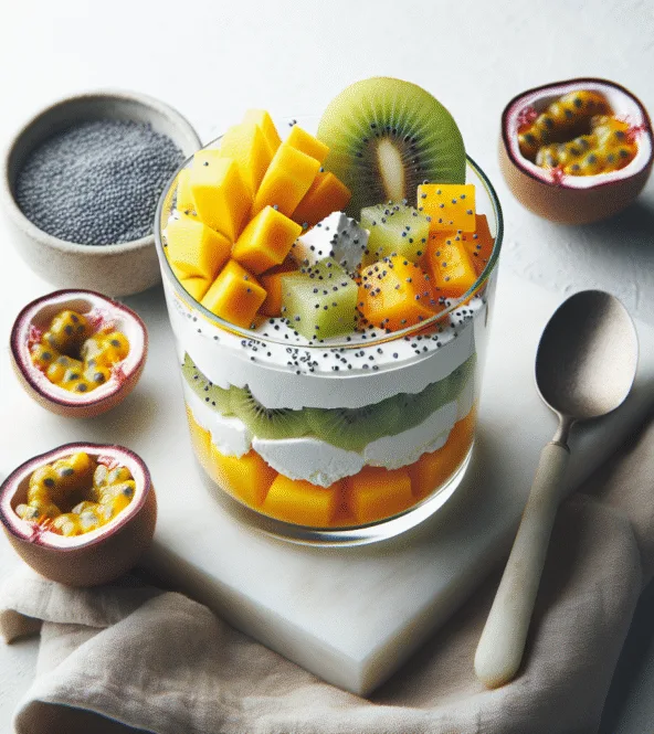 Verrine de fromage blanc, fruits exotiques et graines de pavot