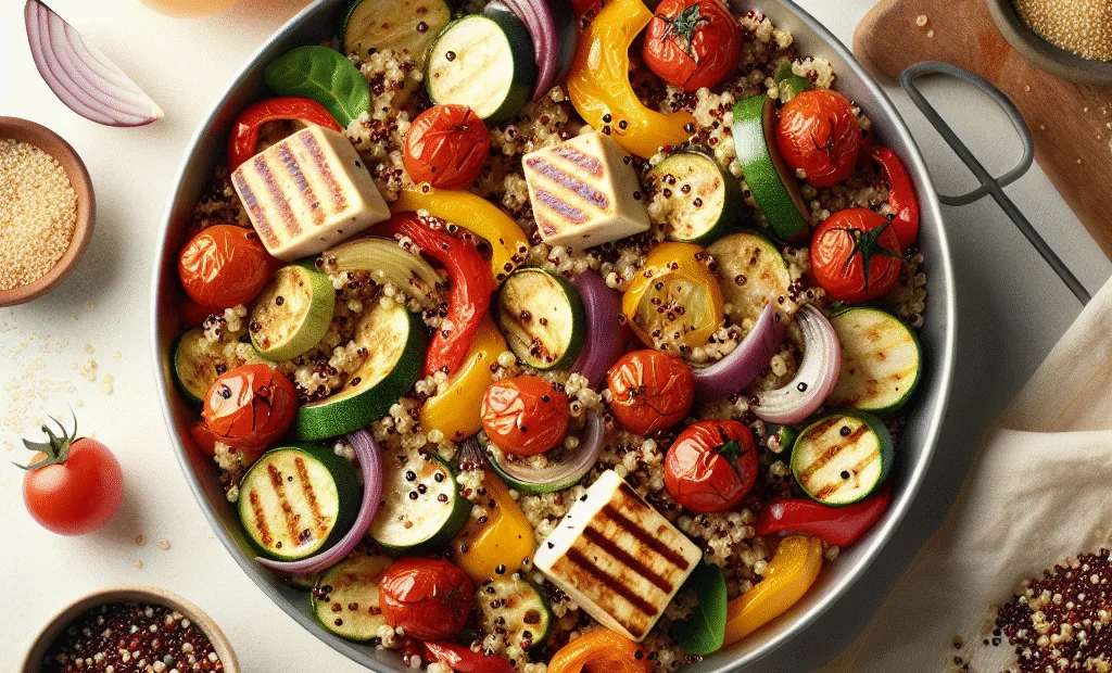 Salade tiède de quinoa, légumes rôtis et halloumi grillé