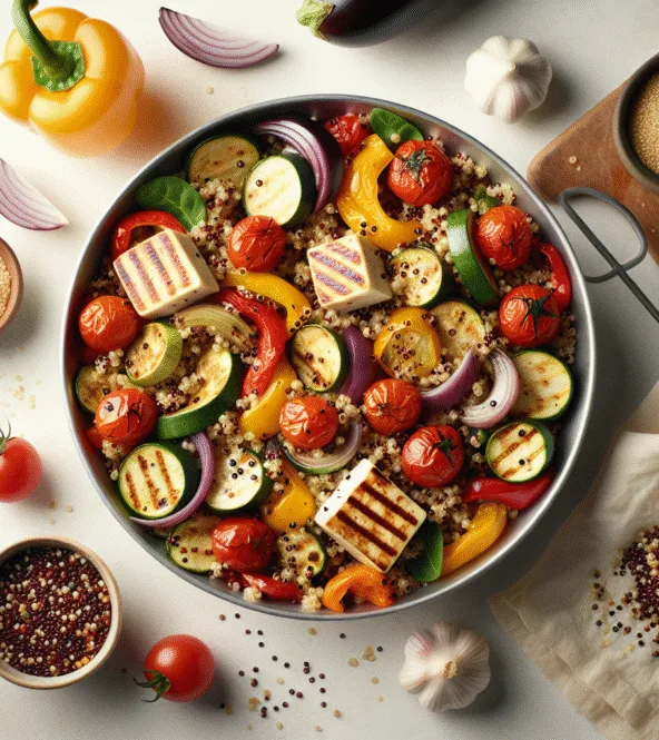 Salade tiède de quinoa, légumes rôtis et halloumi grillé