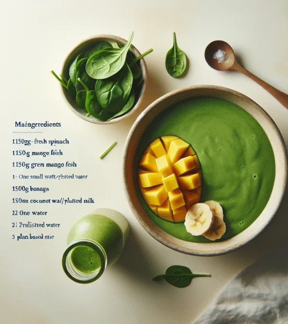 Bol de smoothie vert détoxifiant à l'épinard et à la mangue