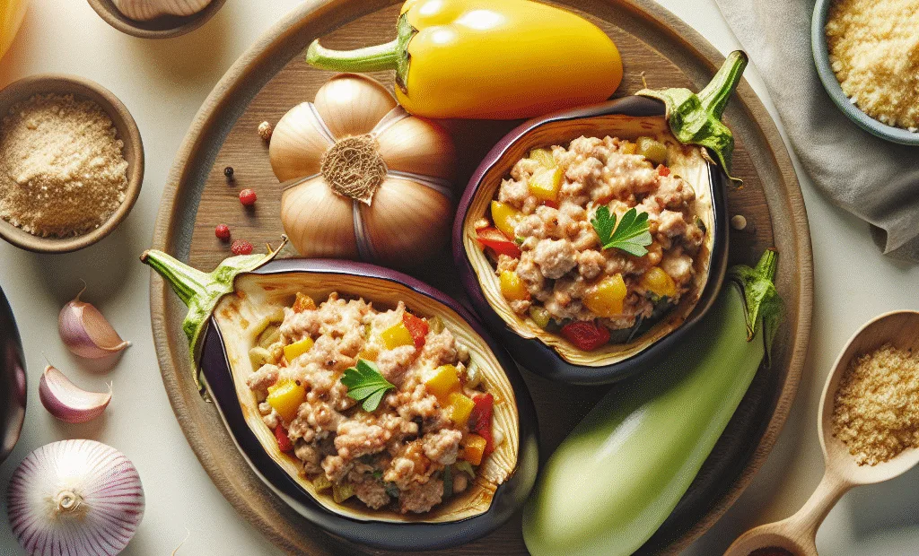 Aubergines farcies à la dinde hachée et légumes du soleil