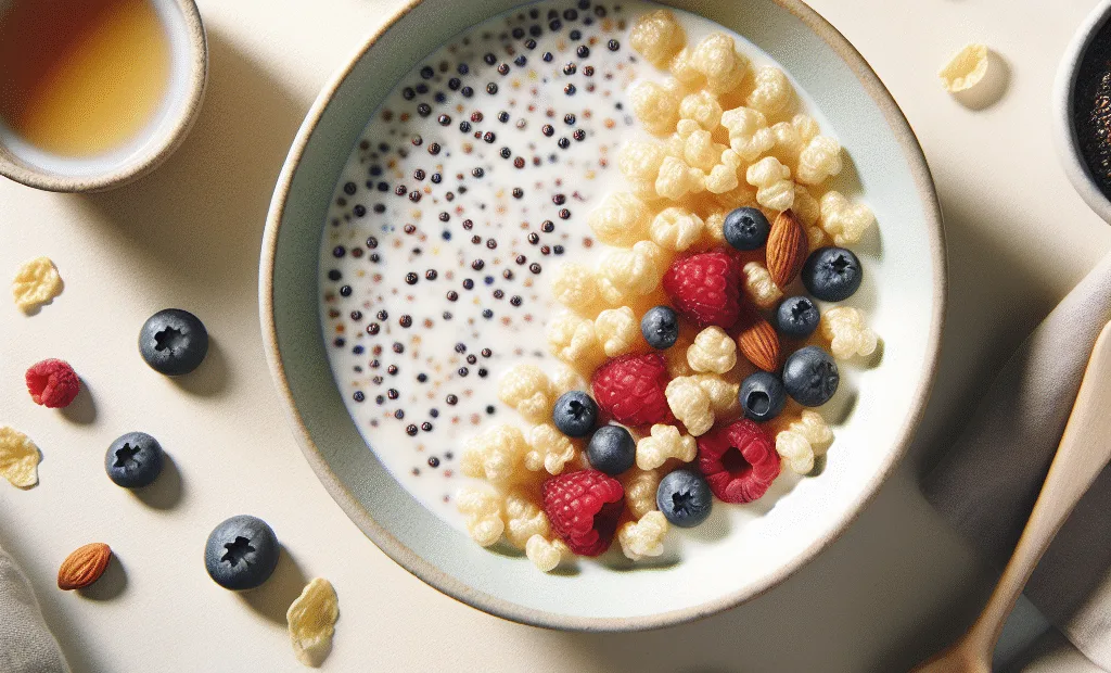 Bol de quinoa soufflé, lait d'amande et graines de chia