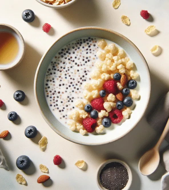 Bol de quinoa soufflé, lait d'amande et graines de chia