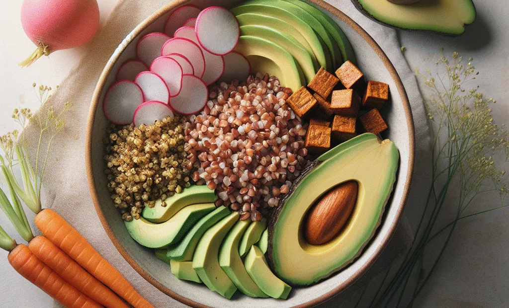 Bol de sarrasin, légumes croquants, avocat et tempeh grillé
