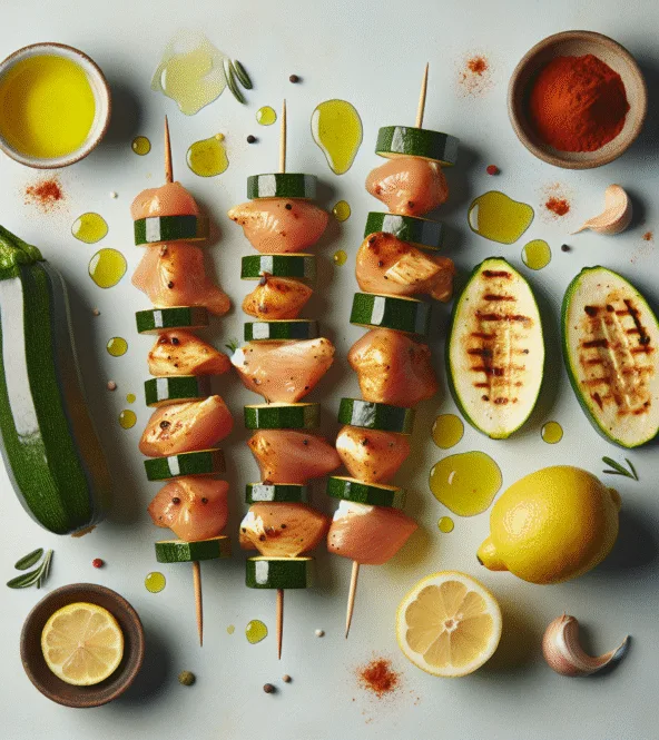 Brochettes de poulet et courgettes, marinade légère au paprika fumé