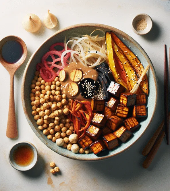 Buddha bowl au tempeh mariné, légumes racines rôtis et sauce miso