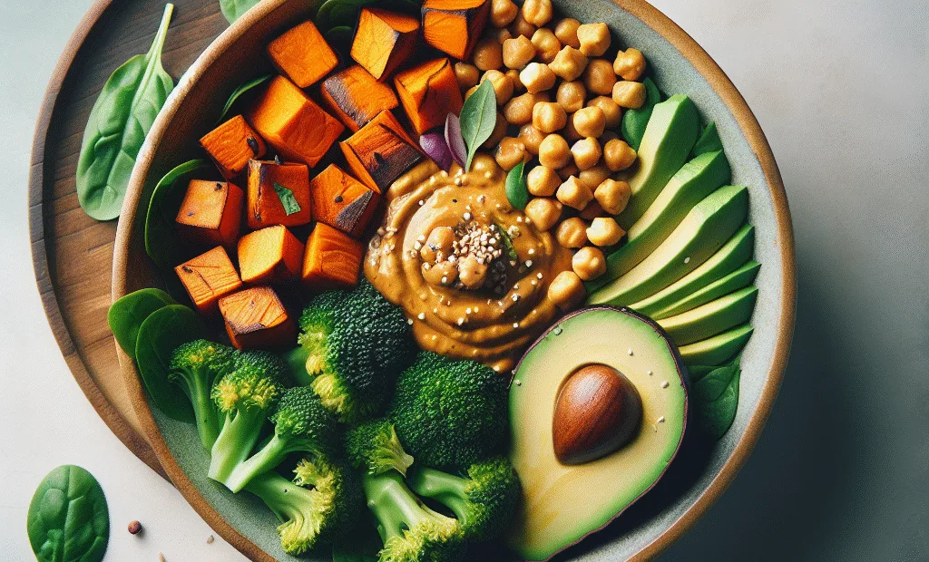 Buddha bowl végétal aux patates douces rôties et sauce cacahuète