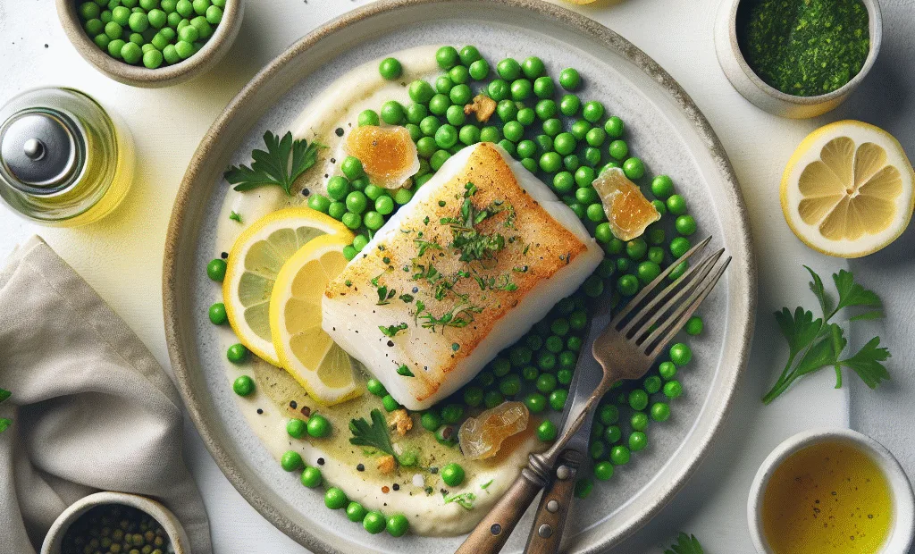 Cabillaud en croûte d'herbes, purée de petits pois et citron confit