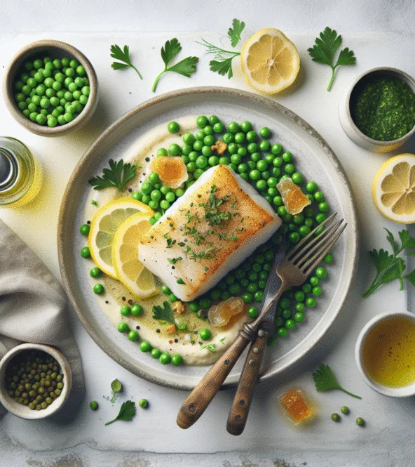 Cabillaud en croûte d'herbes, purée de petits pois et citron confit