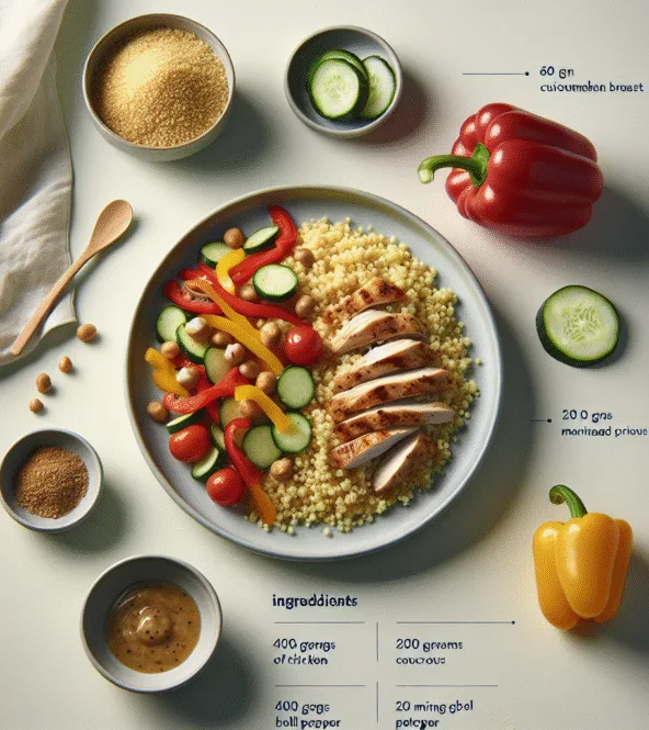 Grain de couscous aux légumes croquants et poulet mariné