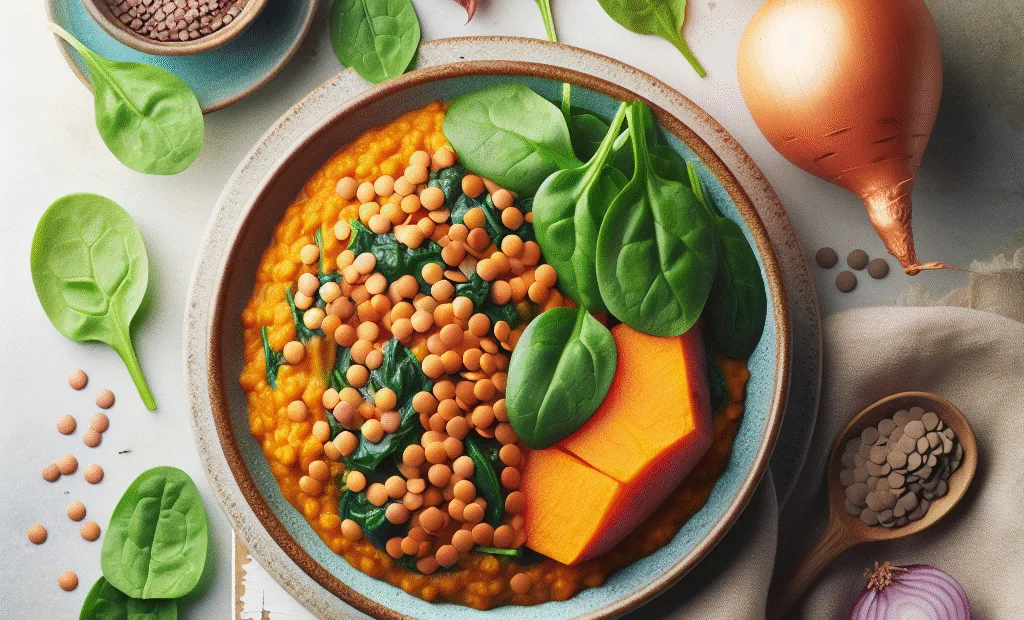 Dahl de Lentilles Corail, Épinards Frais et Patate Douce