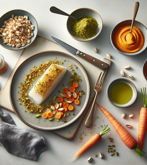 Filet de cabillaud en croûte de pistaches, purée de carottes au gingembre