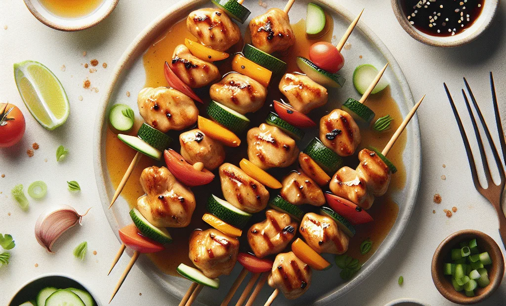 Mini-brochettes de poulet mariné au miel et soja, légumes croquants