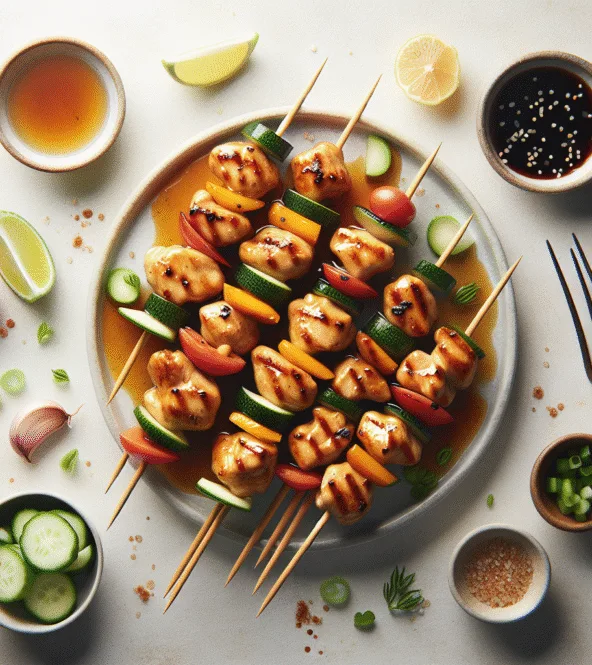 Mini-brochettes de poulet mariné au miel et soja, légumes croquants