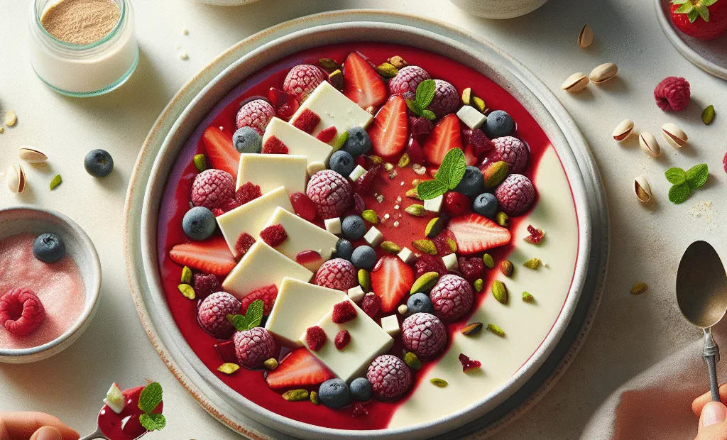 Mousse de fruits rouges au fromage blanc 0% et éclats de pistache