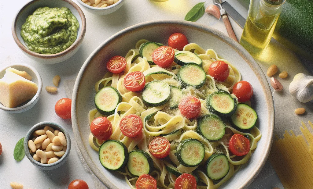 Pâtes de courgettes au pesto léger et tomates cerises