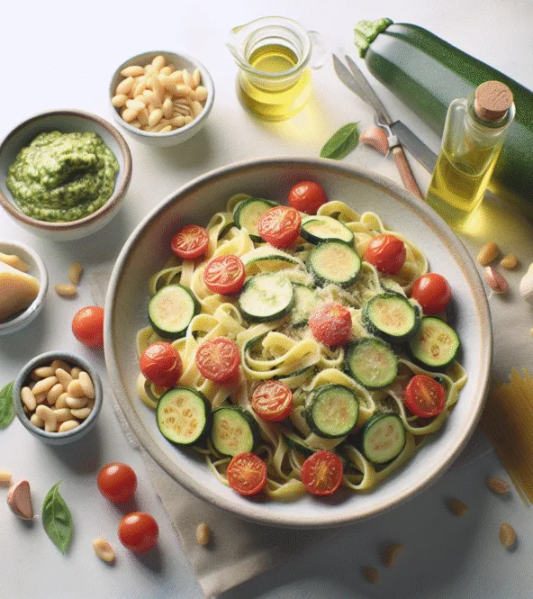 Pâtes de courgettes au pesto léger et tomates cerises