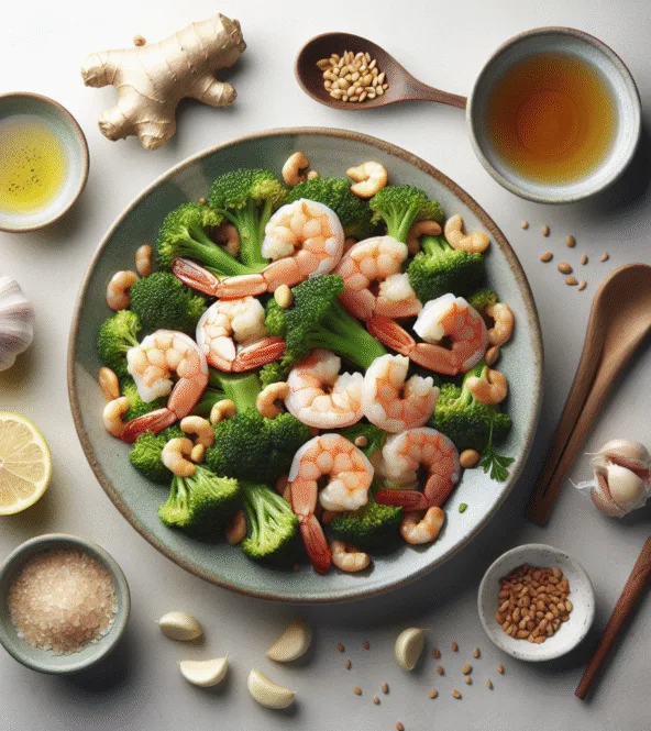 Poêlée de crevettes, brocoli et sauce cacahuète légère