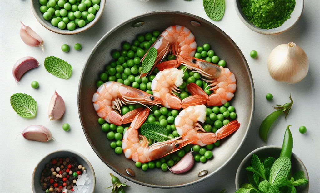Poêlée de crevettes, petits pois et menthe fraîche