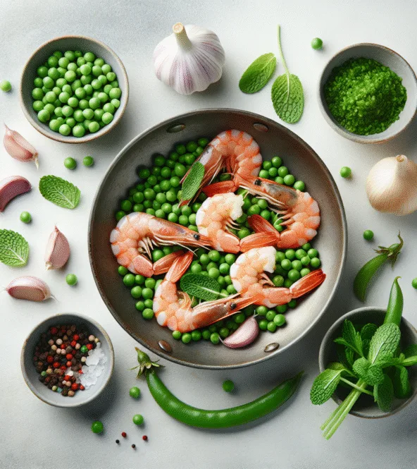Poêlée de crevettes, petits pois et menthe fraîche